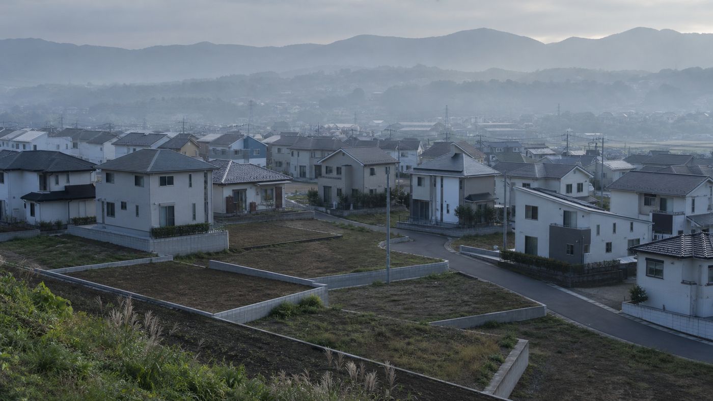 朝靄の中、区画割りされた土地と家々が並ぶ住宅地